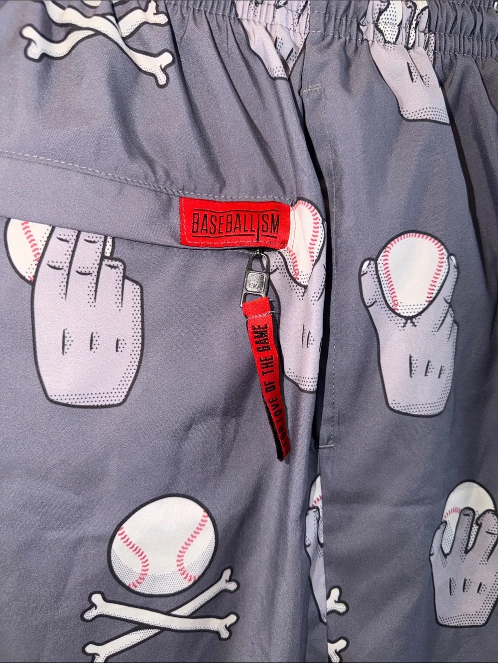 NWT Men’s Gray Baseball Graphic swim trunks